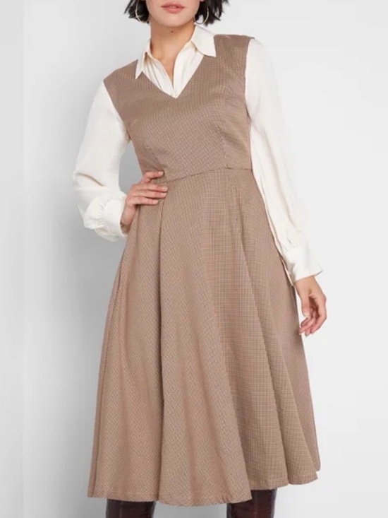 Modcloth Dresses & Skirts - ModCloth brown houndstooth Decision Maker sleeveless retro midi dress size 8